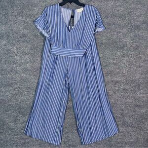 Jun&Ivy Womens Small/Large 2PC SET  Blue Rain Pin Strip Beach Crop Top Pant Suit